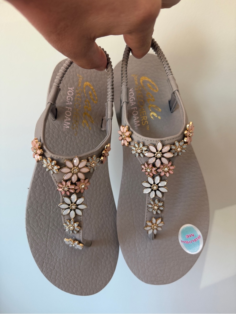 Skechers Taupe Sandals with Pink & White Floral Jewels